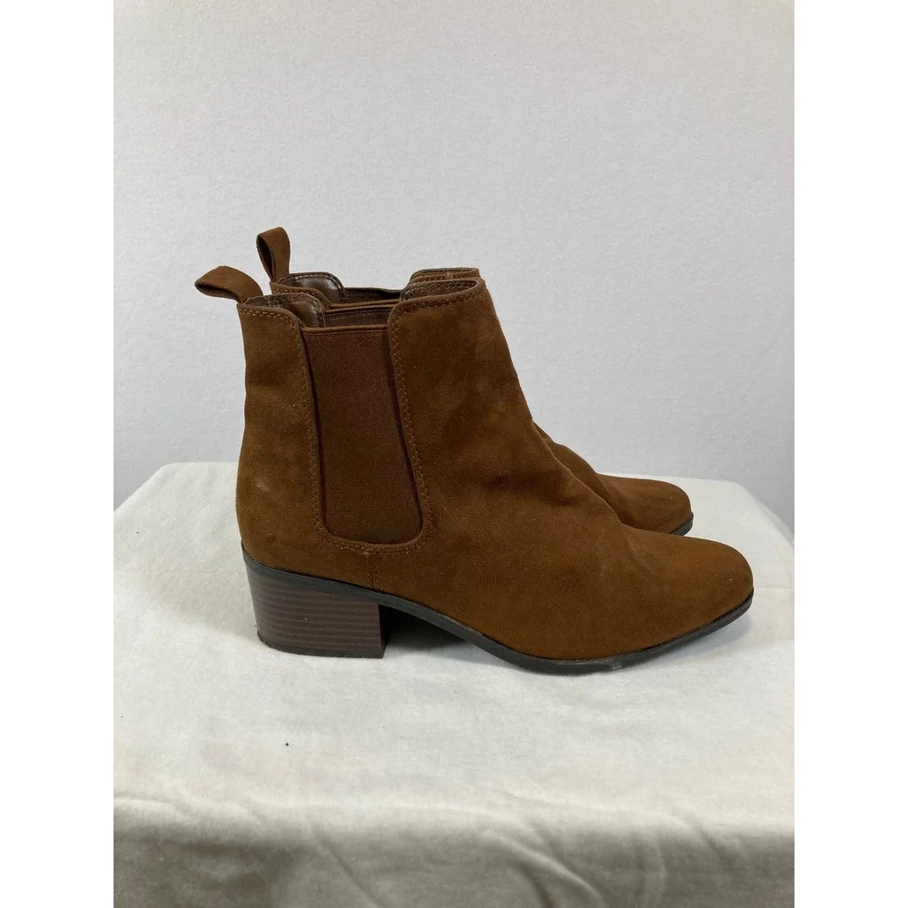A New Day Chelsea Ankle Boots Womens 8.5 Cognac Brown Faux Suede Block Heel‎